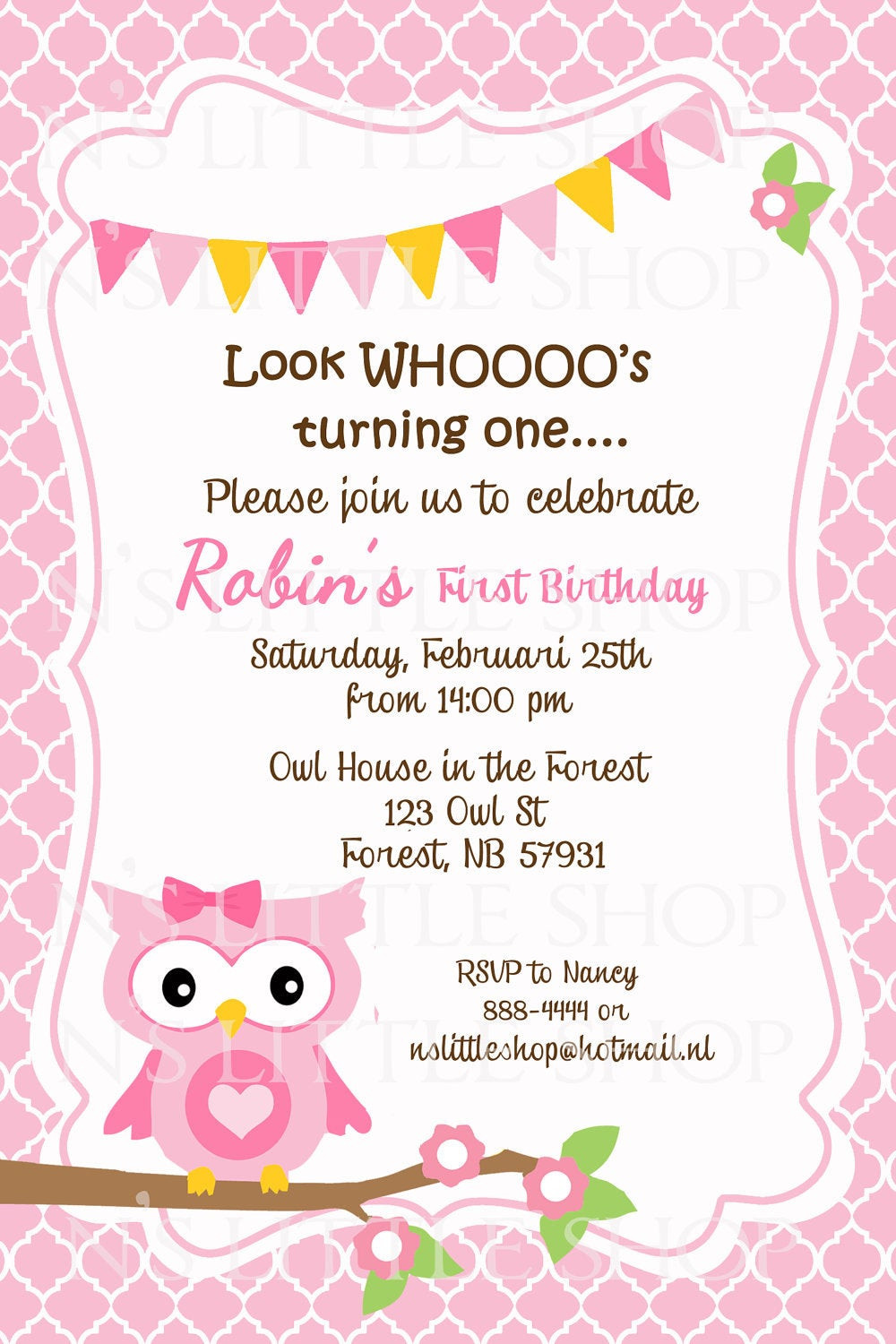 Invitation Cards For Birthday
 Pink OWL birthday invitation card customize by nslittleshop