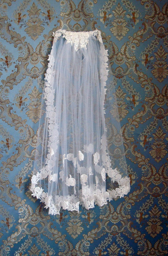 Irish Lace Wedding Veils
 Items similar to Rose Vine Bridal Veil Irish Lace & Petal