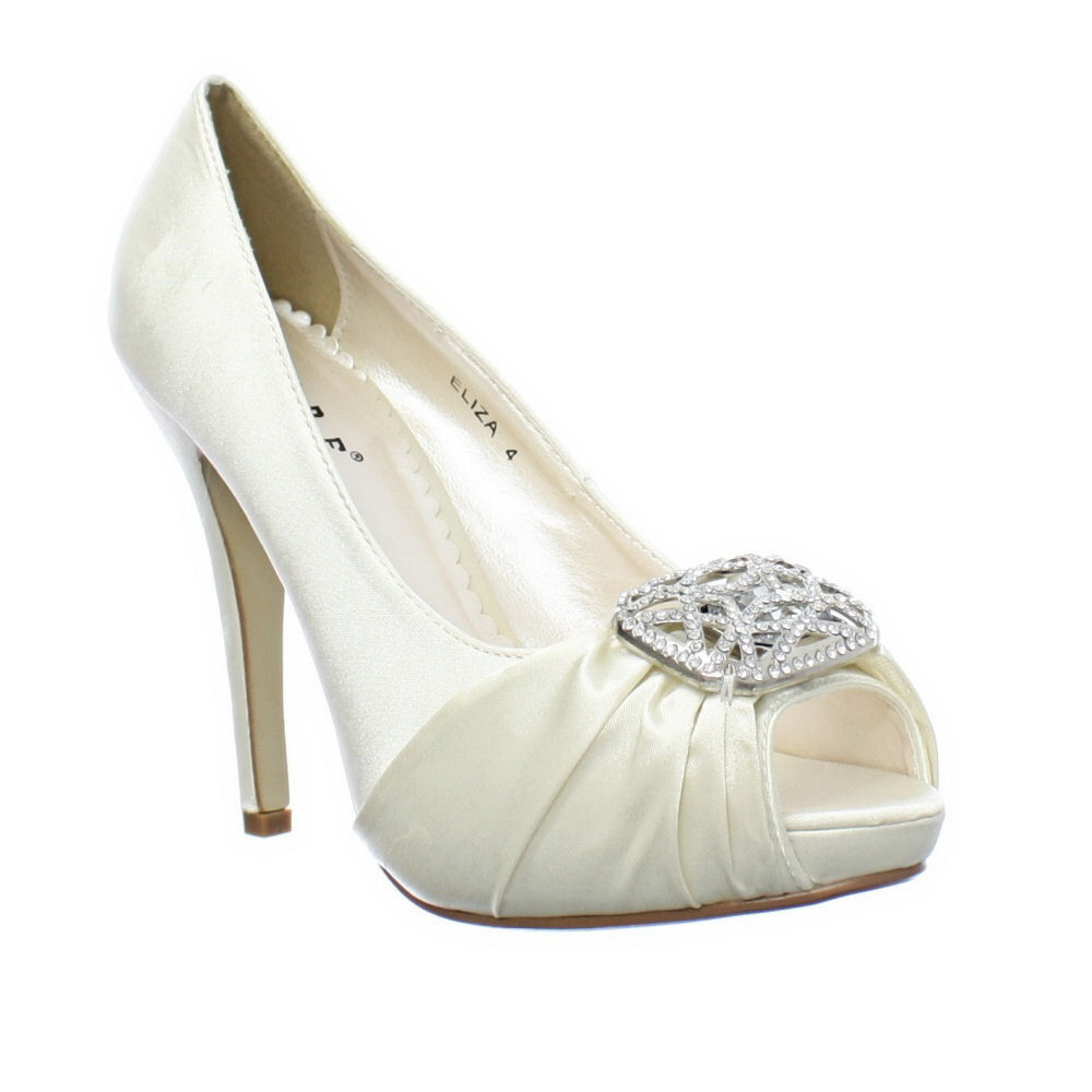 Ivory Satin Wedding Shoes
 WOMENS CHAMPAGNE IVORY SATIN DIAMANTE PEEP TOE WEDDING