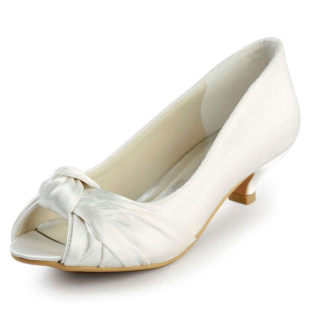 Ivory Satin Wedding Shoes
 EP2045 White Ivory Women Peep Toe Low Heel Satin Wedding