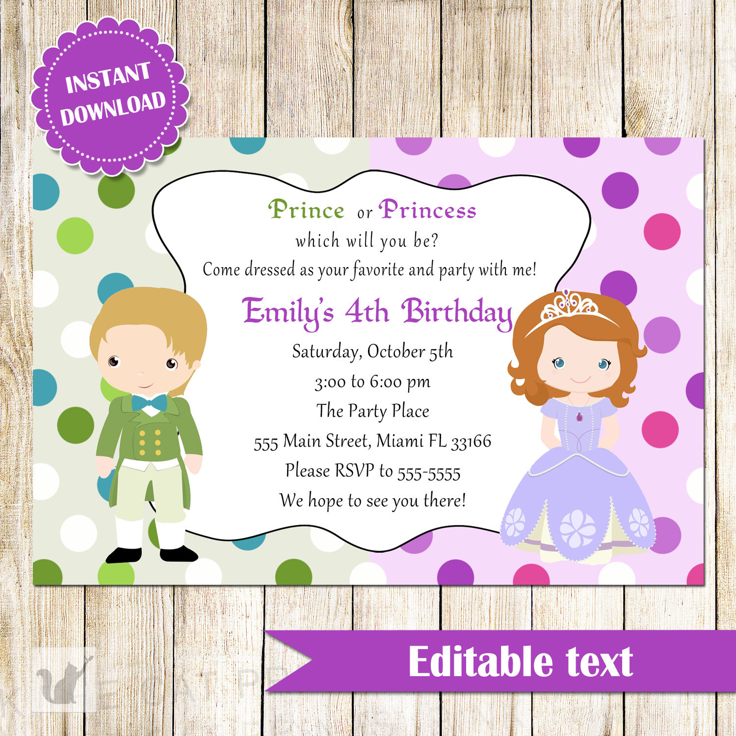 Kids Birthday Invitation Templates
 Prince and Princess Invitation Green Purple Printable Kids