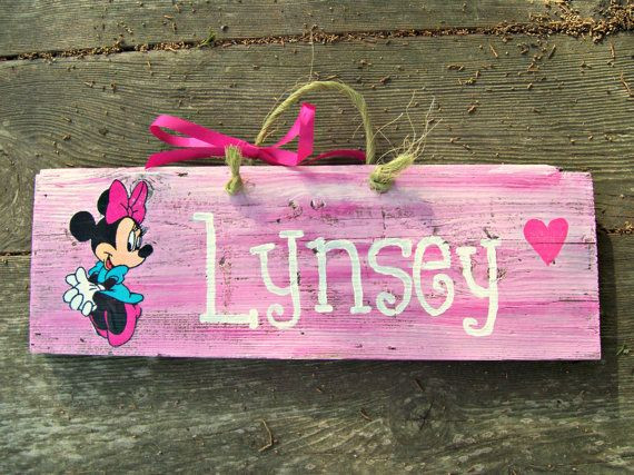 Kids Room Name Signs
 MINNIE MOUSE Barn Wood Sign Custom Hand Painted Girls