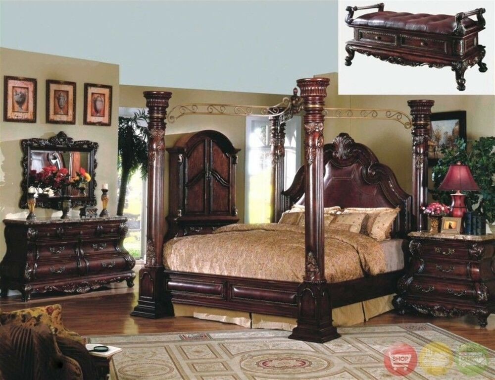King Size Master Bedroom Sets
 King Cherry Poster Luxury Canopy Bed w Leather Headboard