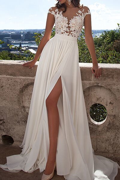 Lace Beach Wedding Dress
 Ivory Lace Beach Wedding Dresses Front Slit See Through