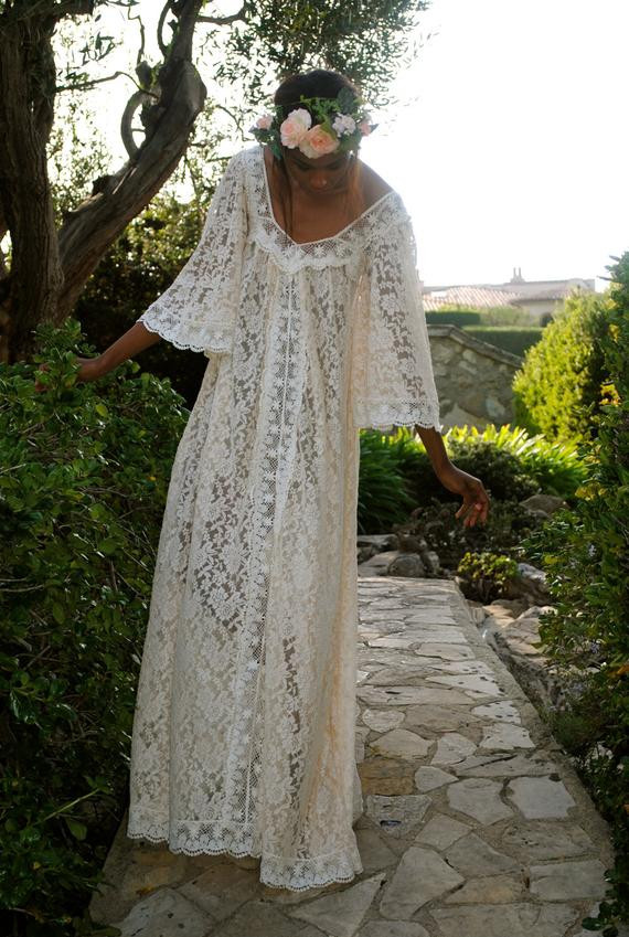 Lace Bohemian Wedding Dress
 Handmade Lace ANGEL SLEEVE CAFTAN Maxi Dress Hippie