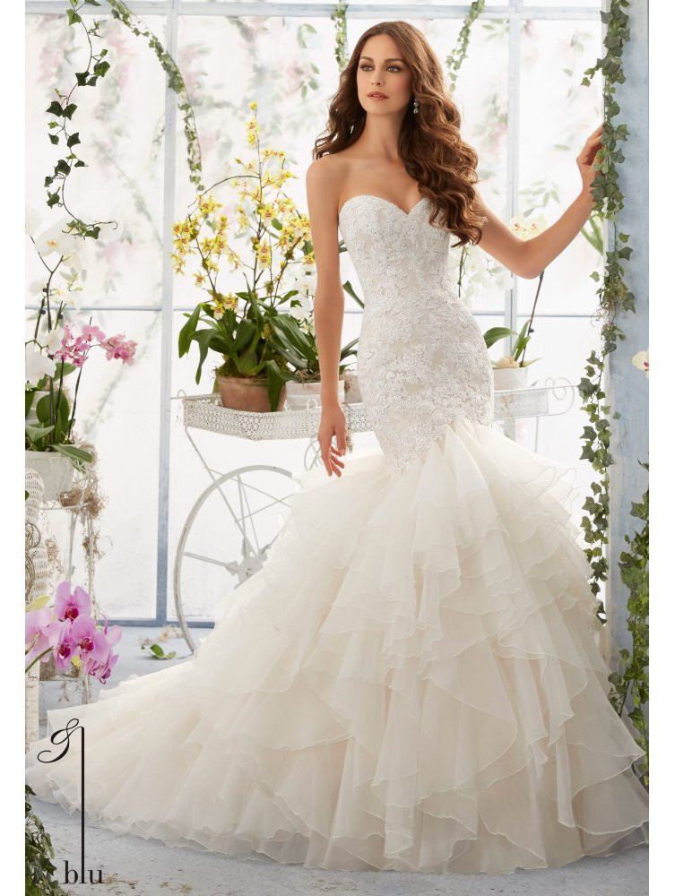 Lace Mermaid Wedding Gown
 Mori Lee 5409 Lace Mermaid Wedding Dress with Flounced Organza