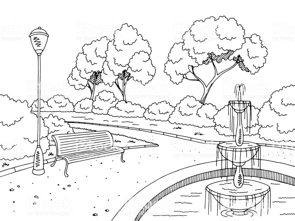 Landscape Fountain Sketch Park Fountain Graphic Black White Landscape Sketch