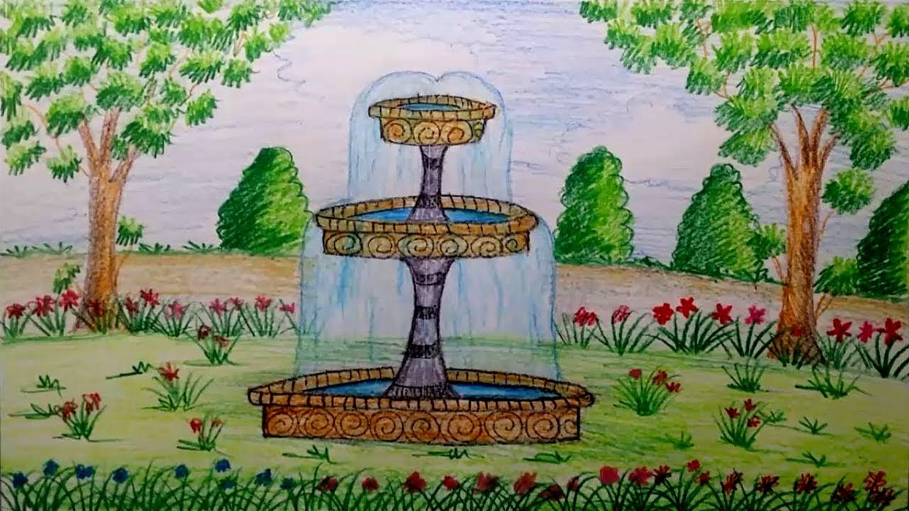 Landscape Fountain Sketch How to draw Garden Fountain step by step by using water