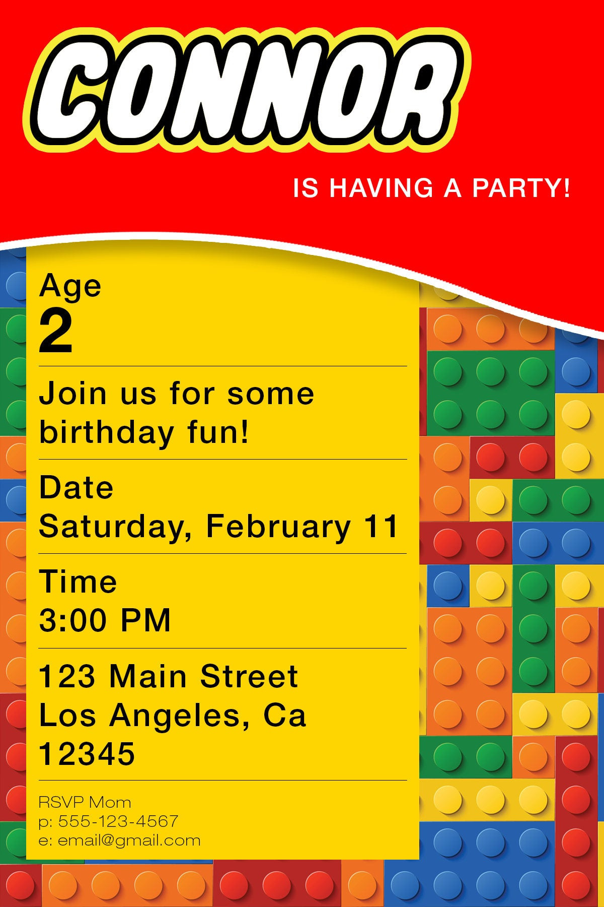 Lego Birthday Invitation
 Custom Lego Themed Birthday Invite 4x6