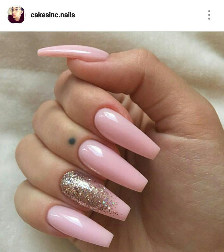 Light Pink Nails With Gold Glitter
 Acrylic nails Ballerina Nails Baby Pink nails Pink and
