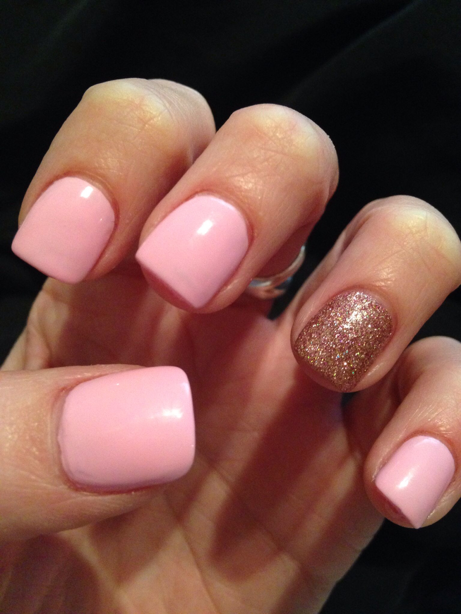 Light Pink Nails With Gold Glitter
 Light pink and glitter chinaglaze acrylics nails