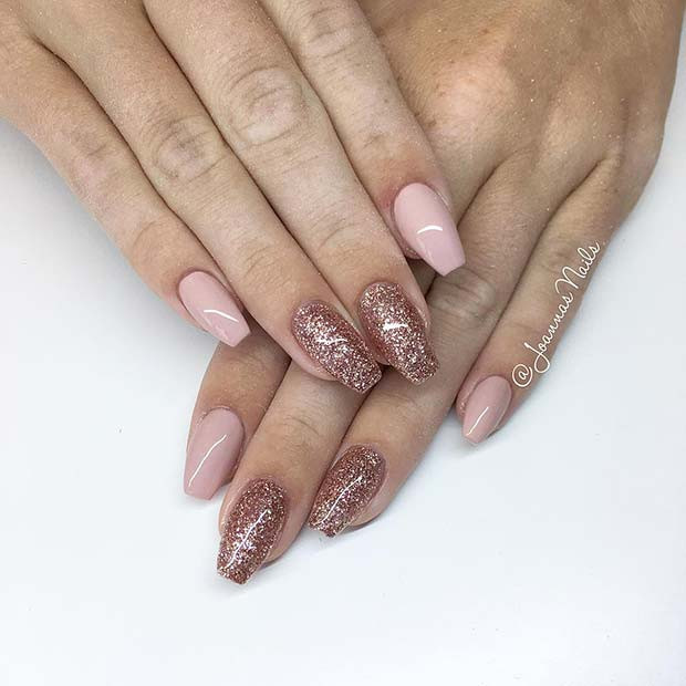 Light Pink Nails With Gold Glitter
 23 Must Try Rose Gold Nail Art Designs