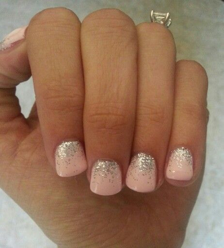 Light Pink Nails With Gold Glitter
 Light Pink Nails with Silver Glitter