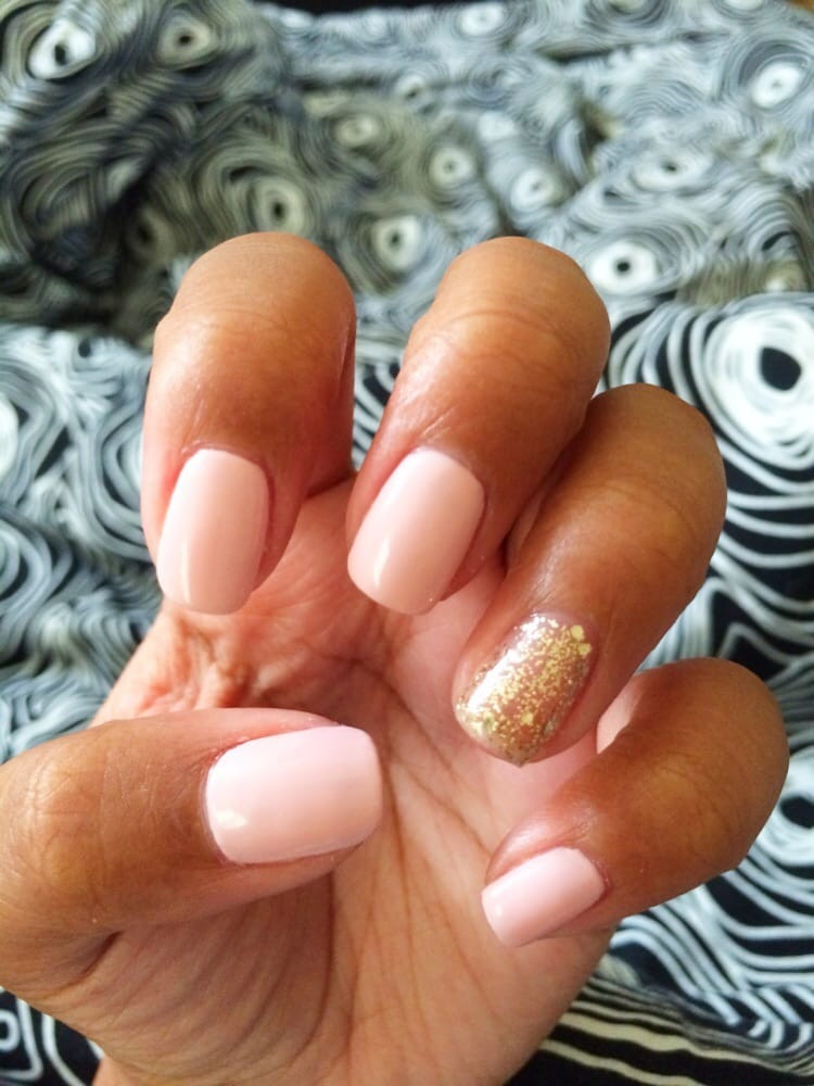 Light Pink Nails With Gold Glitter
 Light pink nails with gold glitter gel nails by Angel Yelp