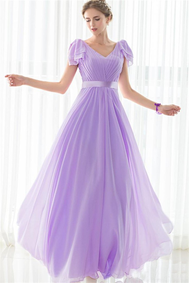 Lilac Wedding Dress
 Sheath V Neck Long Lilac Chiffon Wedding Guest Bridesmaid