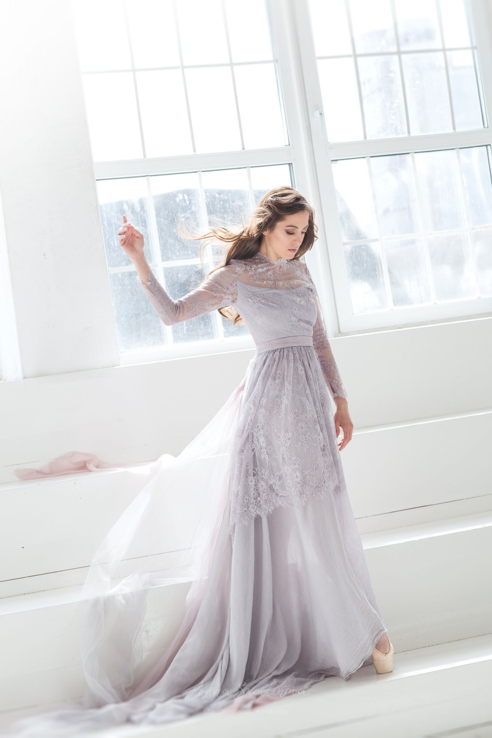 Lilac Wedding Dress
 Classic long sleeves wedding dress of muted grey lilac