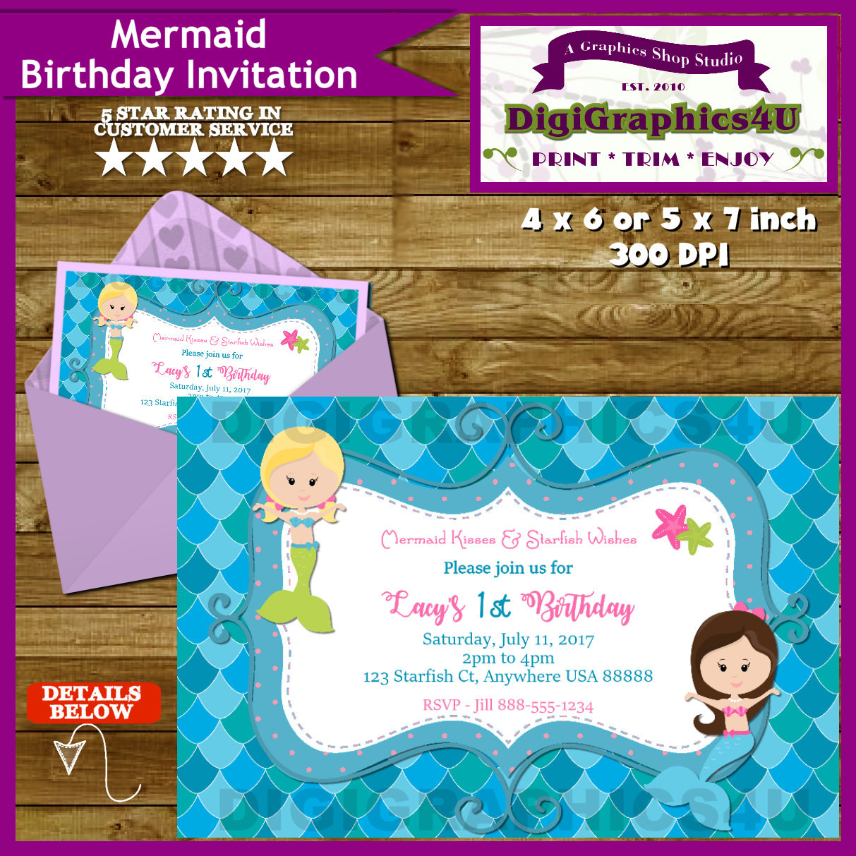 Little Girl Birthday Invitations
 Little Girls Mermaid Birthday Party Invitation Personalized