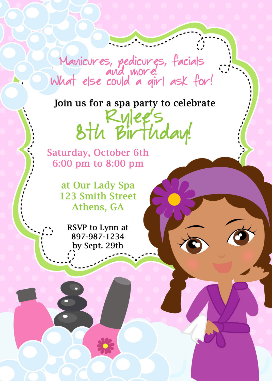 Little Girl Birthday Invitations
 DIY Sassy Spa Party invitation African American Little Girl
