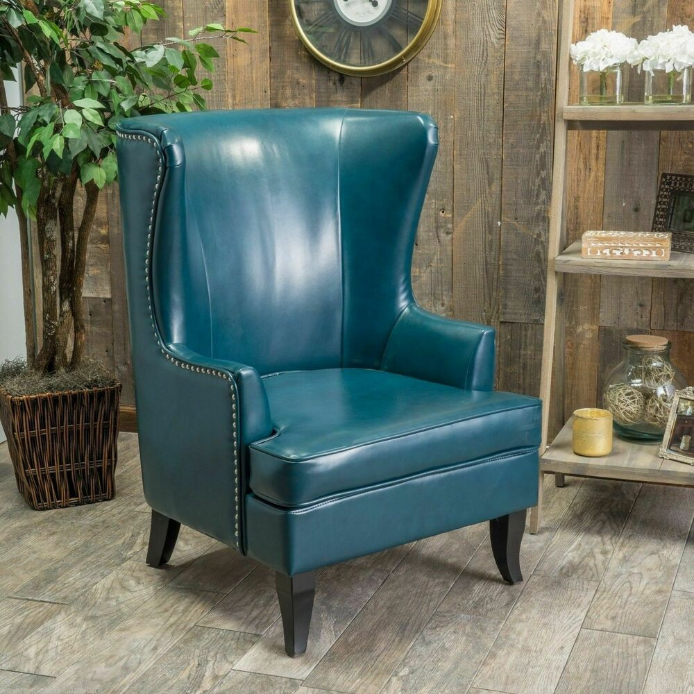Living Room Furniture Chairs
 Living Room Furniture Tall Wingback Teal Blue Leather Club