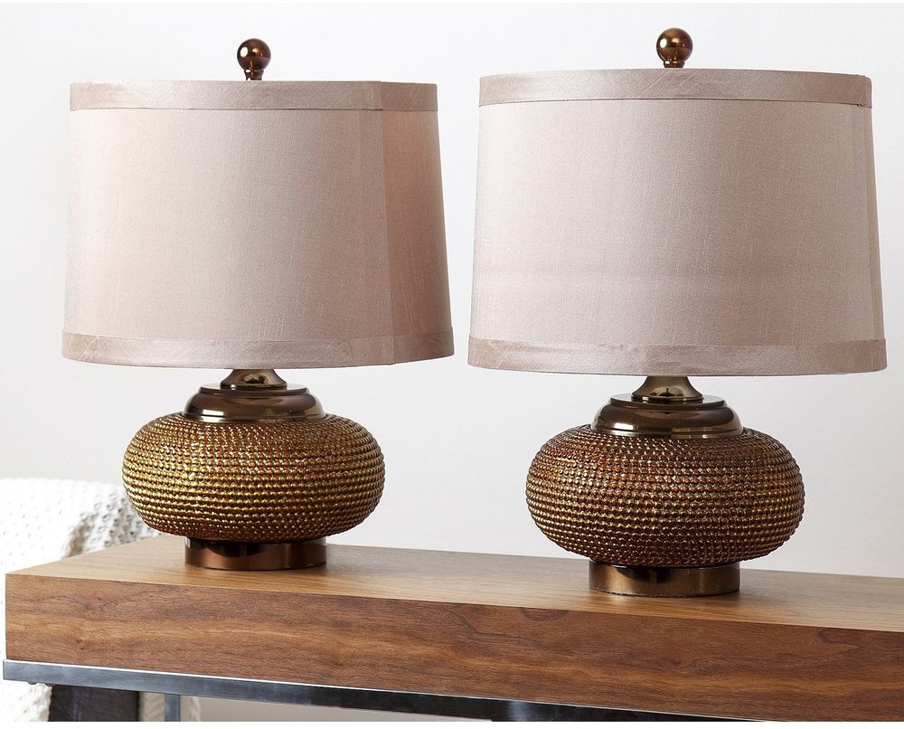 Living Room Lamp Table
 Modern Table Lamp Set 2 Fabric Shades Gold Antique
