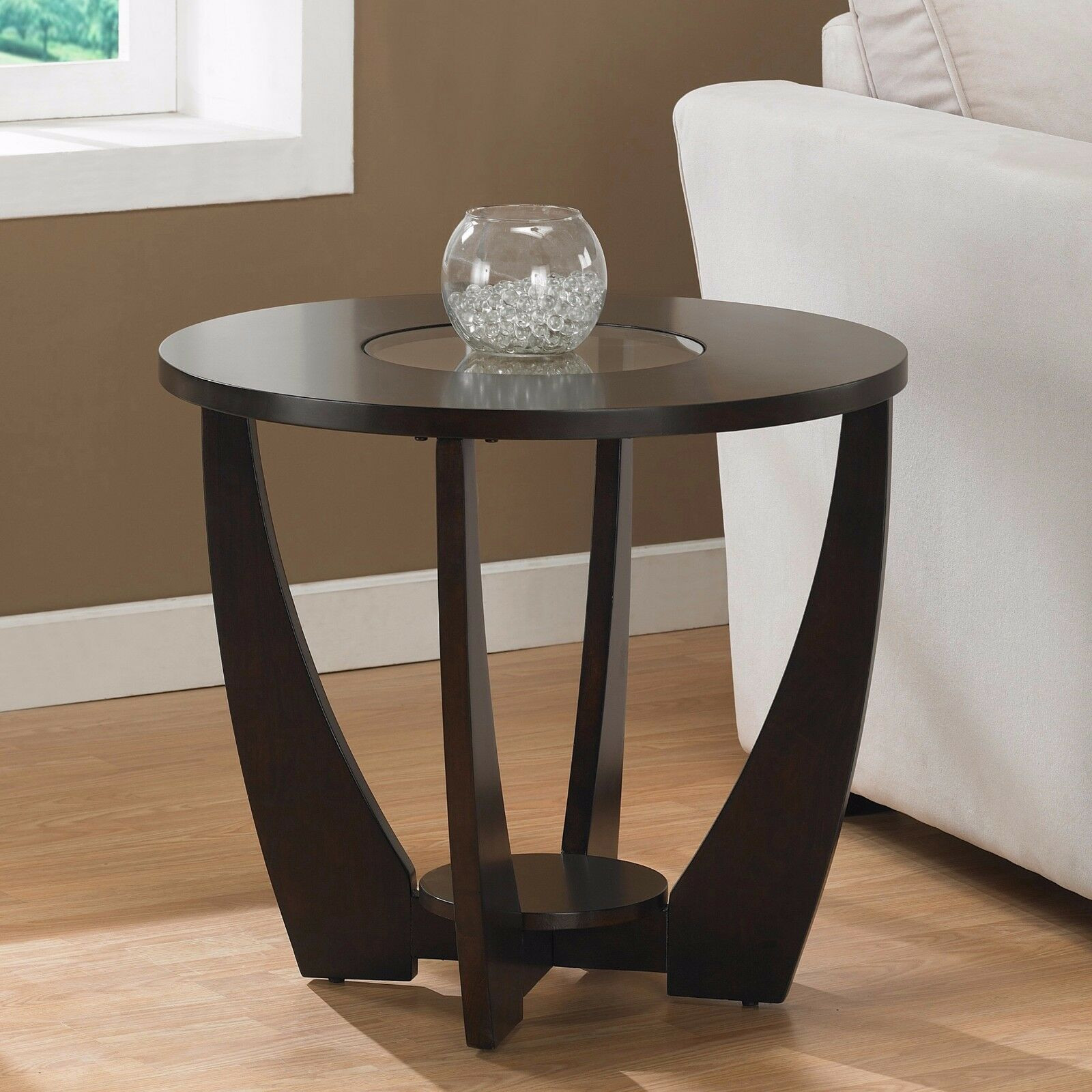 Living Room Side Tables
 Dark Brown Round End Table with Glass Top Living Room