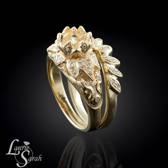 Lotus Wedding Ring
 Flower Engagement Ring Lotus Blossom Ring with pave Diamonds