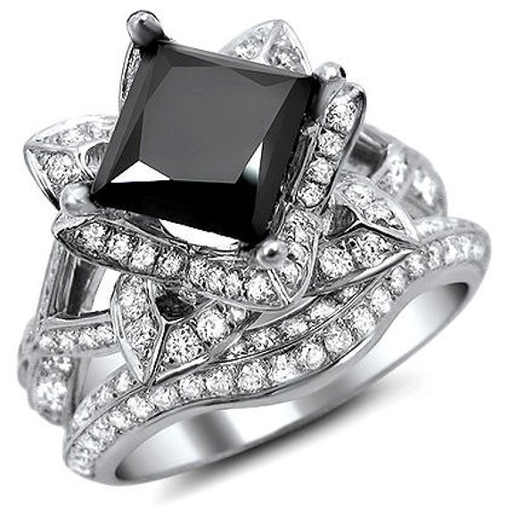 Lotus Wedding Ring
 3 05ct Black Princess Cut Diamond Lotus Flower Engagement Ring