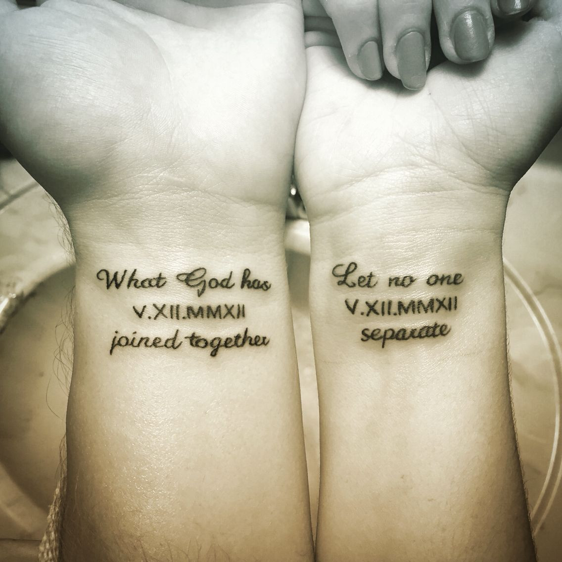 Love Quote Tattoos For Couples
 Couples Tattoo with wedding anniversary Therefore what