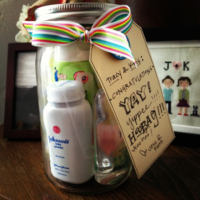 Mason Jar Gift Ideas For Baby Shower
 safety pin etched mason jar = perfect t packaging for