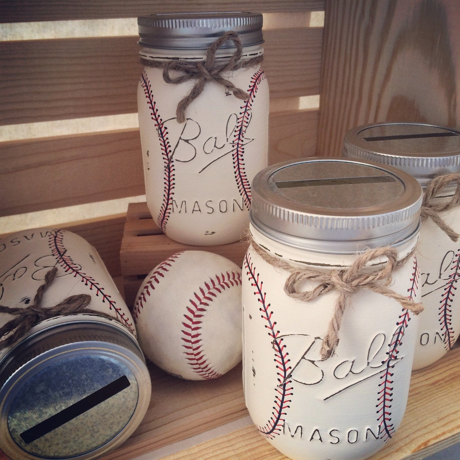 Mason Jar Gift Ideas For Baby Shower
 Hand Painted Baseball Mason Jar Bank Baby by