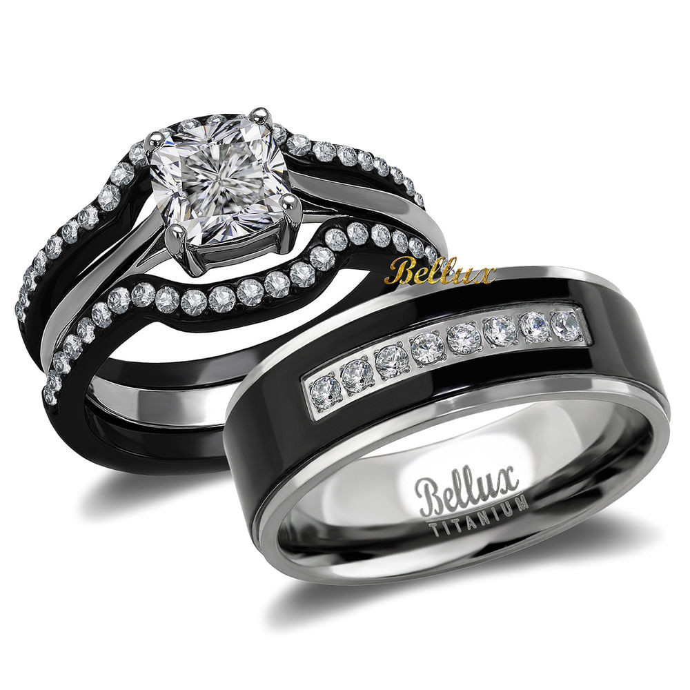 Matching Wedding Band Sets For His And Her
 His and Hers Titanium Stainless Steel CZ Bridal Matching
