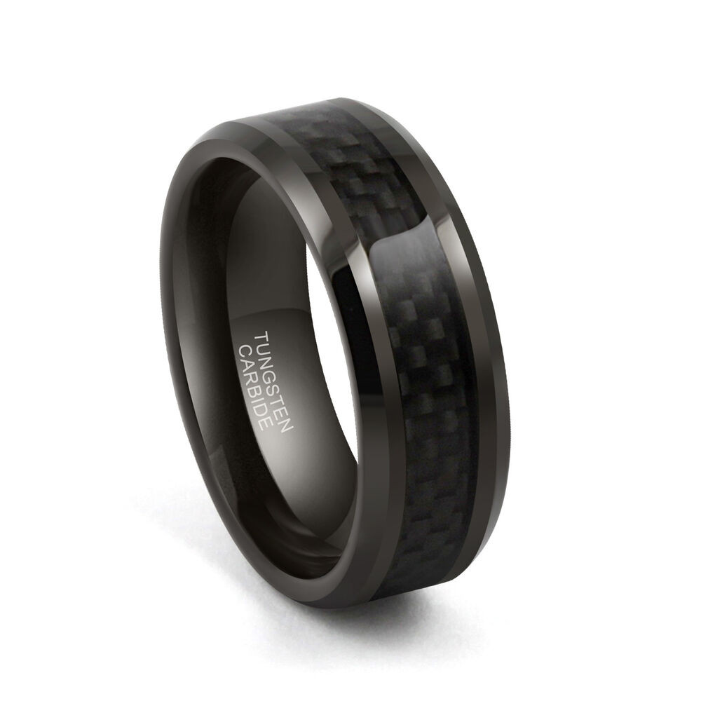 Mens Wedding Bands Tungsten Carbide
 8mm Tungsten Carbide Carbon Fiber Black Plated Mens