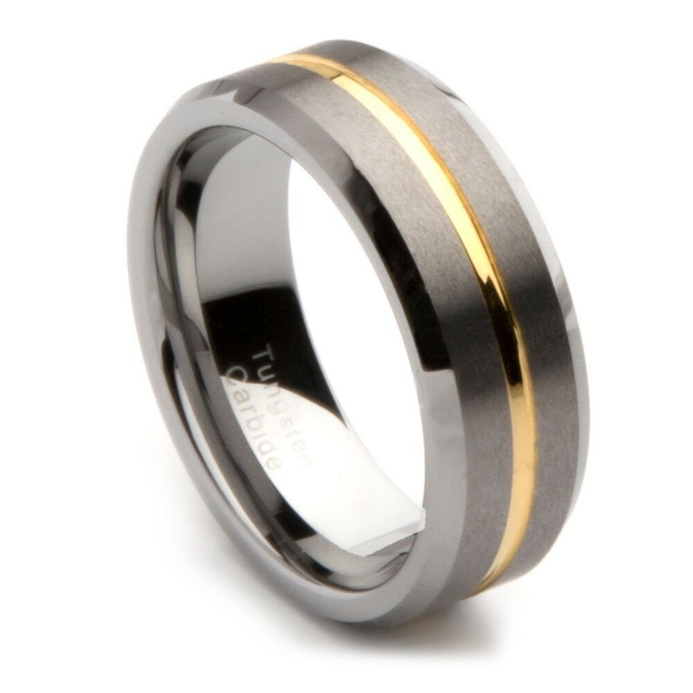 Mens Wedding Bands Tungsten Carbide
 Mens Tungsten Carbide Gold Grooved Wedding Band 8mm