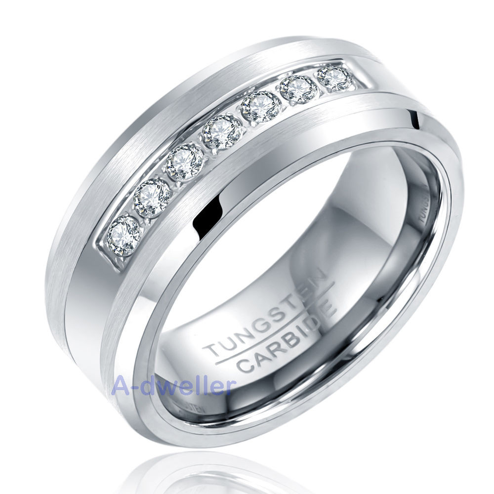 Mens Wedding Bands With Diamonds
 8MM Mens Tungsten Ring Round Diamond Inlay Center Brushed