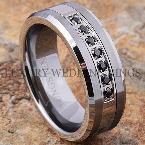 Mens Wedding Bands With Diamonds
 Tungsten Ring Black Diamonds Mens Wedding Band Brushed