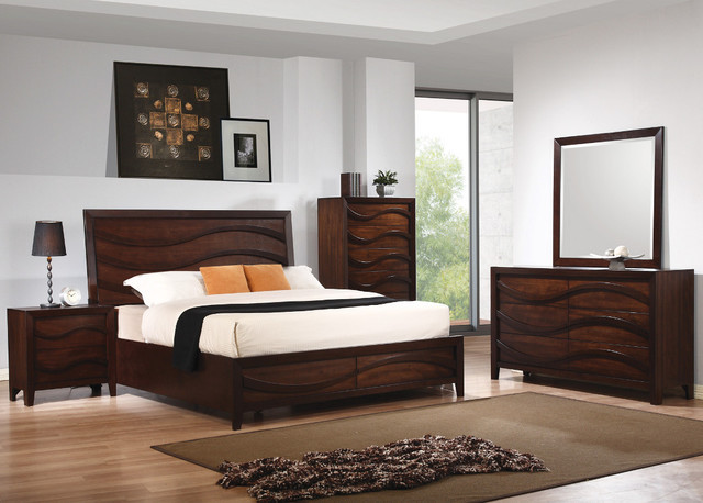 Modern Bedroom Sets
 Loncar 5Pc Queen Wave Bedroom set in Java Oak Finish