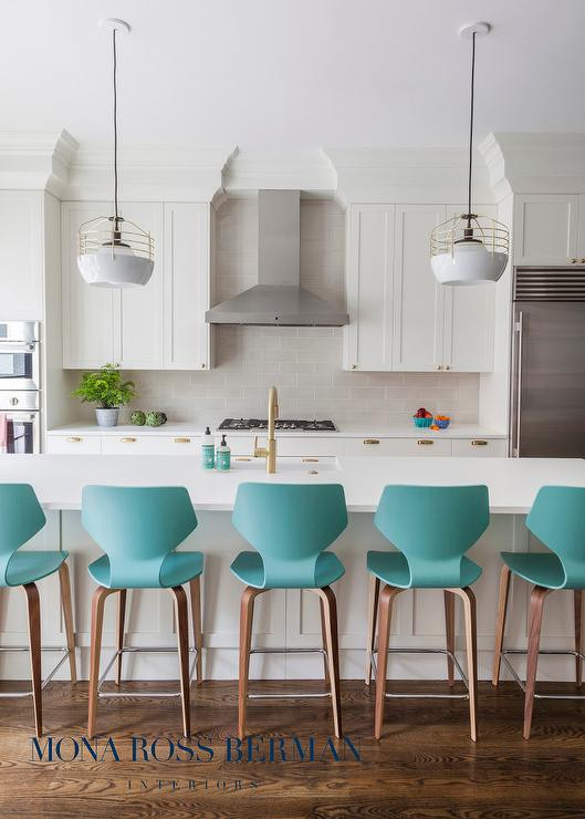Modern Kitchen Bar Stools
 White KItchen with Modern Turquoise Counter Stools