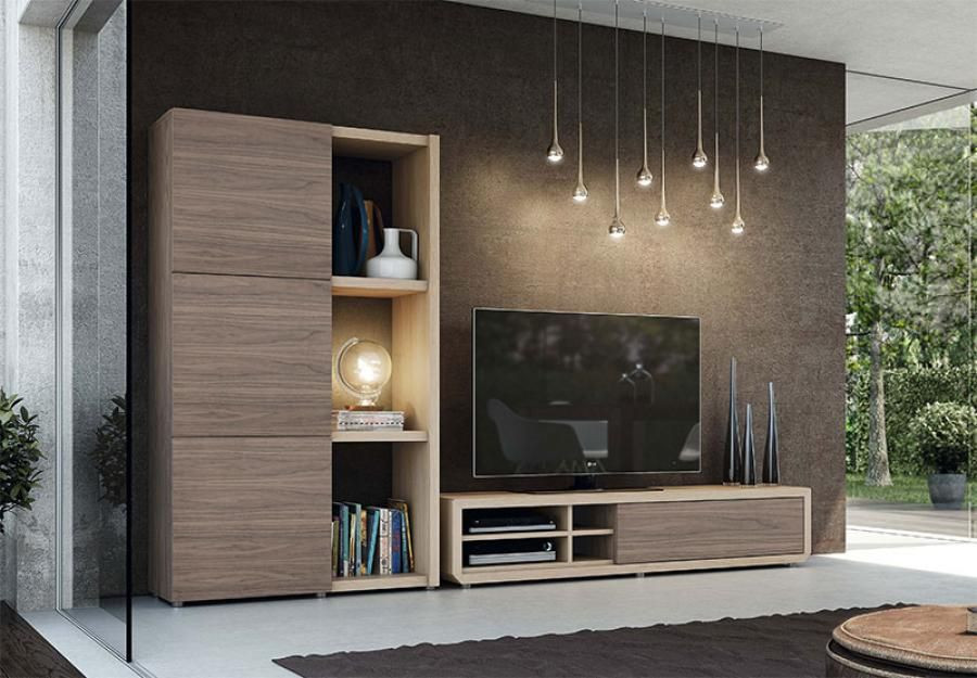 Modern Living Room Cabinets
 Modern Natural Wall Storage System with TV Unit and Tall