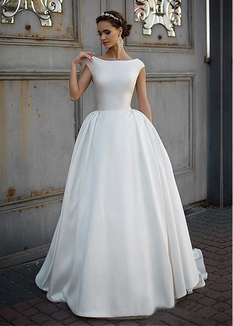 Modest Wedding Gowns With Sleeves
 Simple Satin Vintage Modest Wedding Dresses 2017 Cap