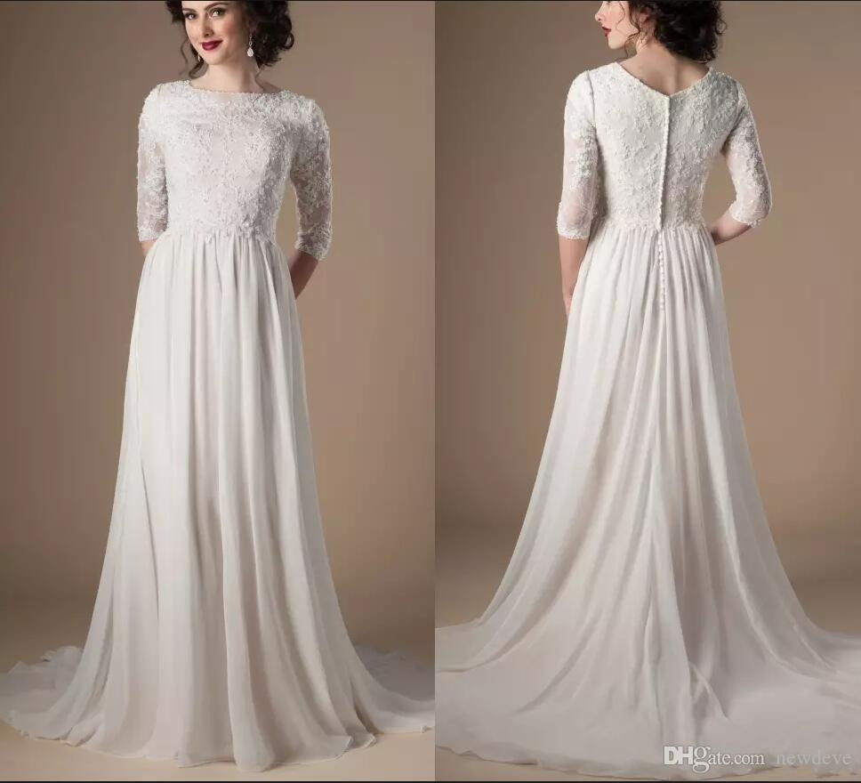 Modest Wedding Gowns With Sleeves
 Discount 2018 Modest Wedding Dresses 3 4 Sleeves Beaded