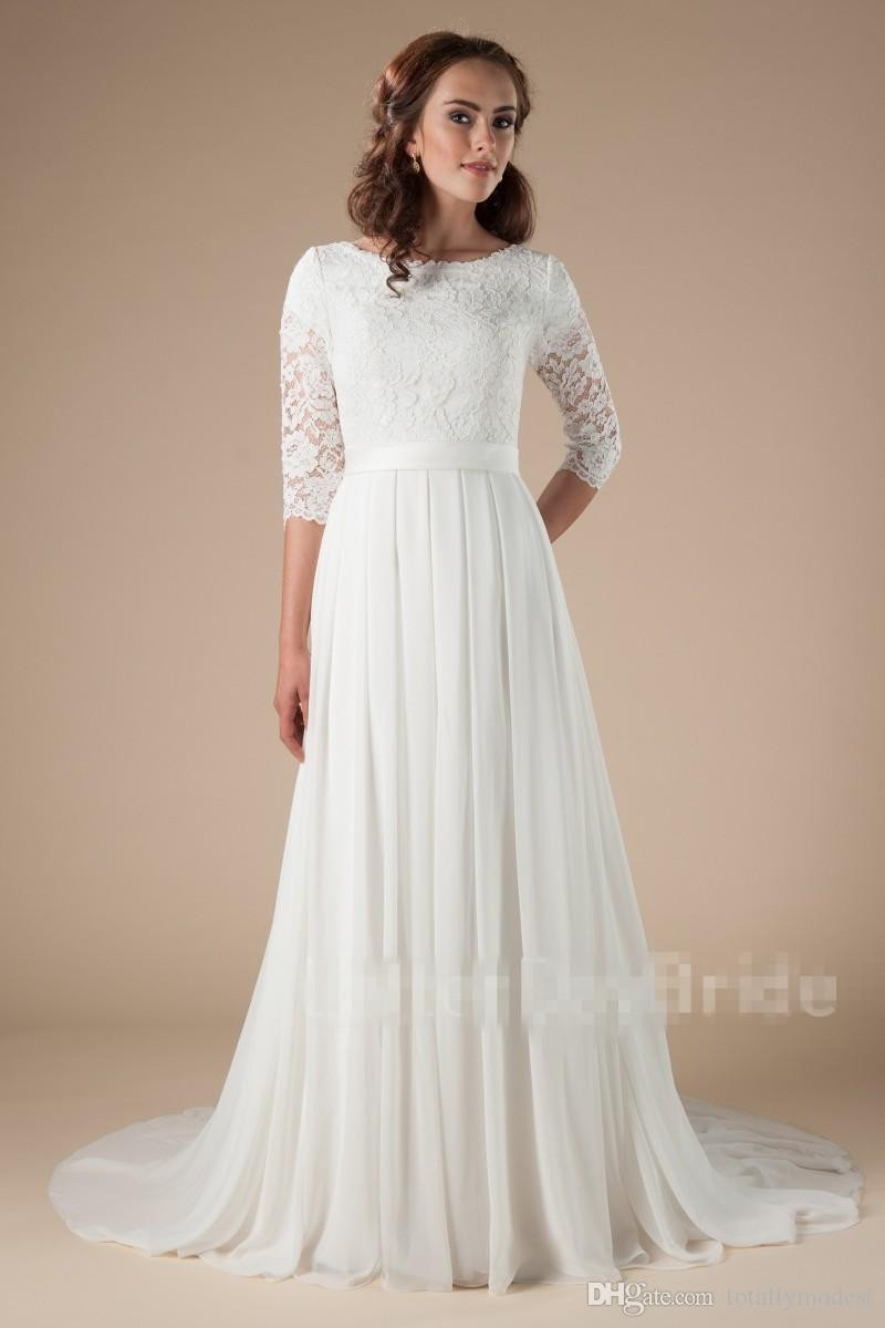 Modest Wedding Gowns With Sleeves
 Discount 2018 New Lace Chiffon Long Modest Wedding Dresses