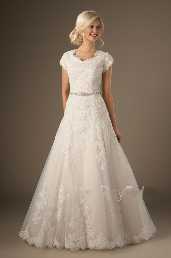 Modest Wedding Gowns With Sleeves
 Modest Lace Short Sleeve Wedding Dress Garden Bridal Gown