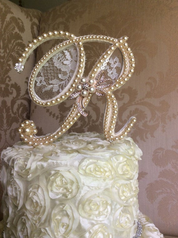 Monogram Cake Toppers For Weddings
 custom monogram wedding cake toppers with lace by