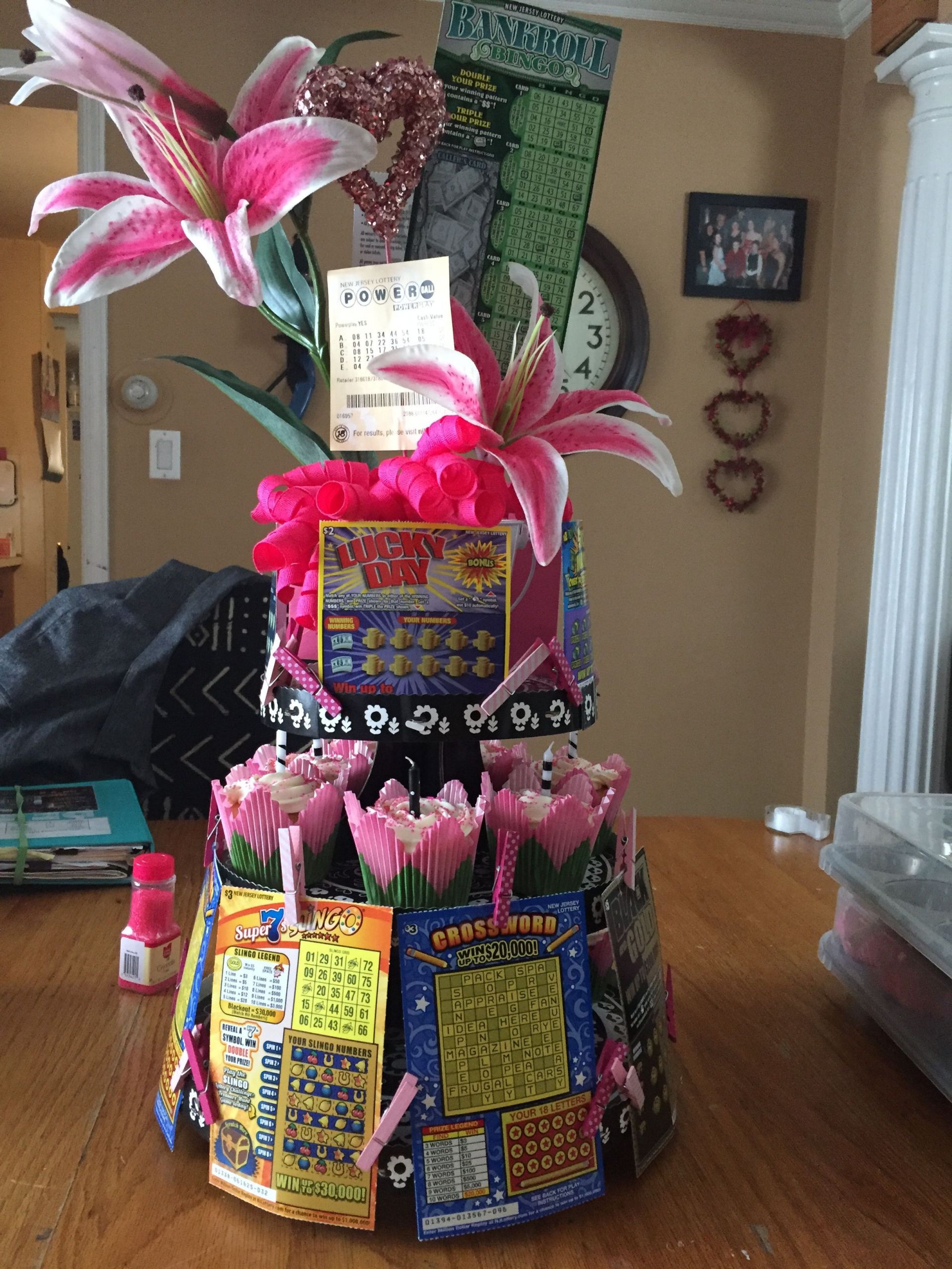 Mother In Law Birthday Gift
 Made this cupcake lottery tower for my mother in laws