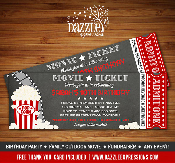 Movie Ticket Birthday Invitations
 Printable Chalkboard Movie Night Ticket Birthday