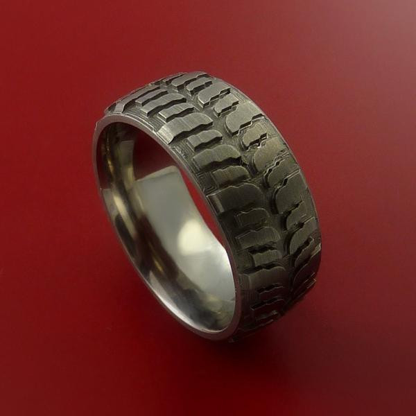 Mud Tire Wedding Rings
 Titanium Ring with Mud Tire Tread Pattern Inlay Custom
