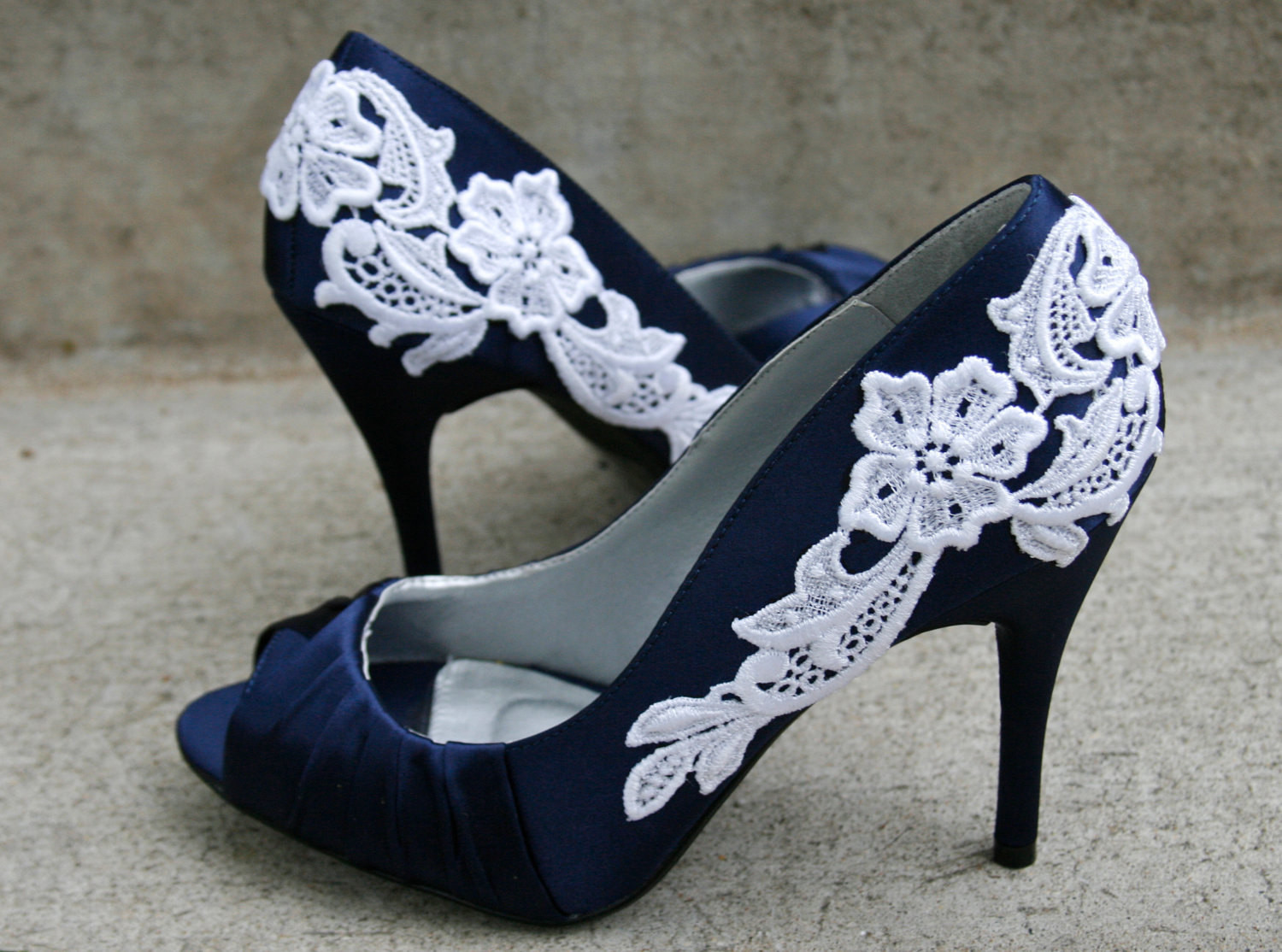 Navy Wedding Shoes
 Navy Blue Wedding Shoes With Venise Lace Applique Size 10