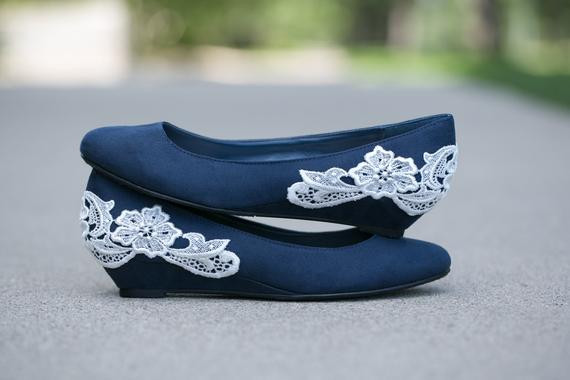 Navy Wedding Shoes
 Navy blue ballet flat low wedge wedding shoes with ivory lace