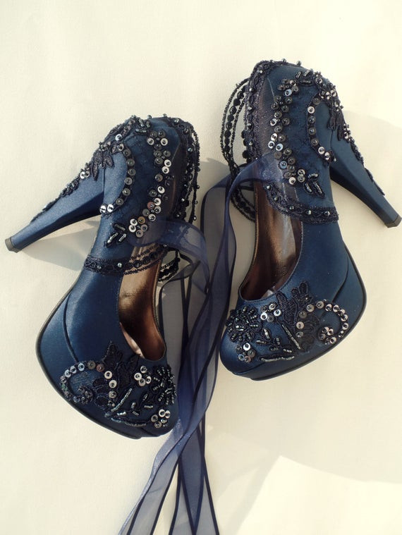 Navy Wedding Shoes
 Lace Wedding Shoes Navy Blue Satin Embellished Lace Bridal