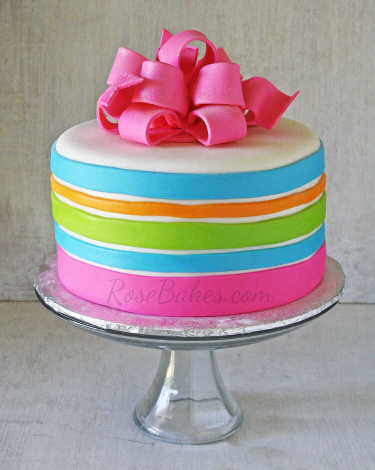 Neon Birthday Cakes
 Neon Stripes Birthday Cake with Hot Pink Poofy Bow Rose
